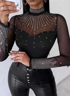 网纱拼接烫钻长袖连体衣 Mesh Spliced Hot Diamond Bodysuit