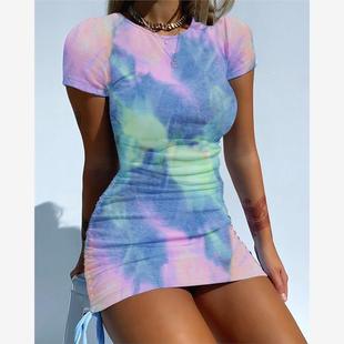 Bodycon Tie Ruched Print Dress扎染抽绳弹力连衣裙女 Dye