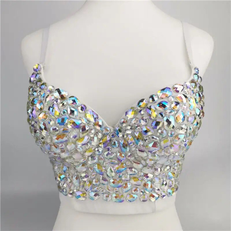 Women AB Colored Rhinestone Bustier Crop Top Corset Vest