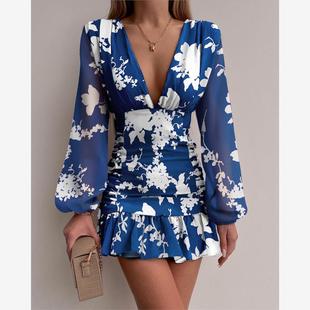 Hem Ruffle Ruched Chiffon 连衣裙 Floral Dress印花泡泡袖 Print