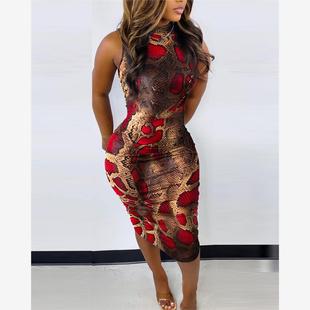 Print Women Ruched Dress 蛇纹印花紧身裙 Bodycon Snakeskin