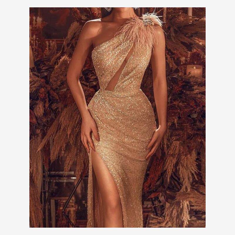 One Shoulder Contrast Feather Cutout Front Sequin Dress