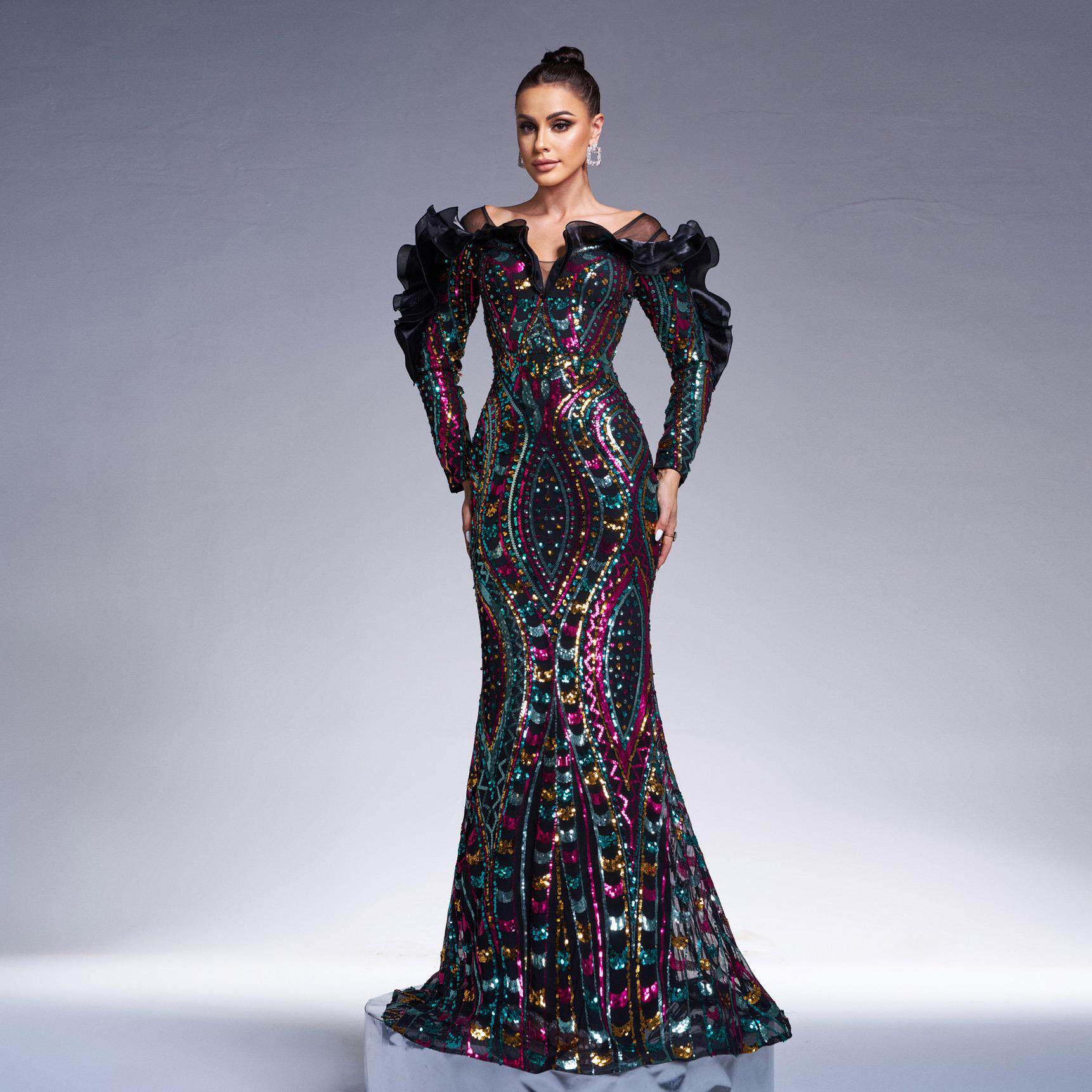 Long Sleeves Formal Occasion Evening Cocktail Luxury Dress