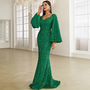 Sequins Prom Dress 亮片敬酒服中长款显瘦纯色v领生日派对晚礼服