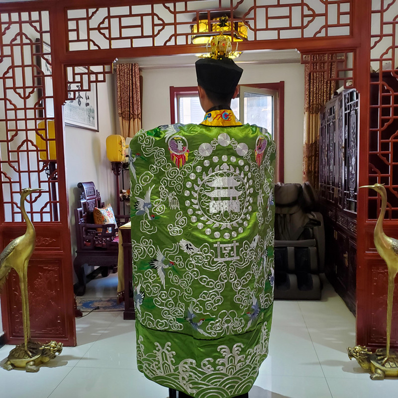 法衣银丝刺绣秋香色云鹤道袍