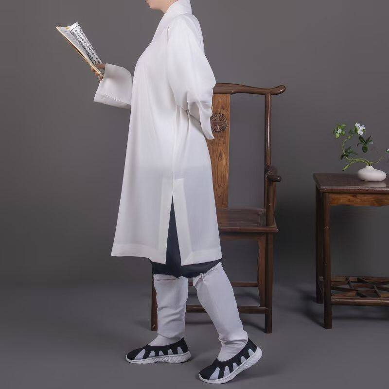 道袍中褂套装(到膝盖左右)白色斜襟上衣加裤子藏蓝色道衣道服长袍