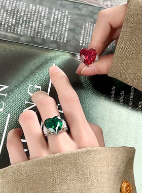 新款铜镀银仿红宝石镶钻心形戒指仿彩宝开口指环仿绿碧玺爱心戒子