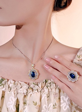 新款铜镀金色仿红刚玉镶钻吊坠女款轻奢项链仿蓝宝石满钻开口戒指