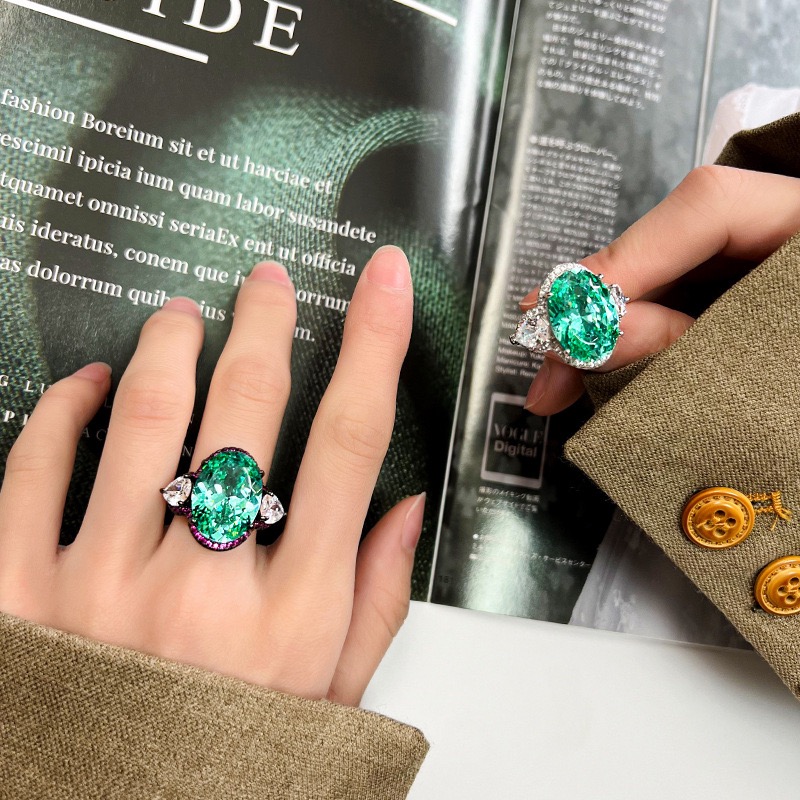 新款铜镀枪黑色仿帕拉伊巴绿碧玺戒指仿彩宝镶钻女款戒子开口指环