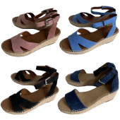 外贸欧美大码 凉鞋 女扣带罗马 真皮磨沙中跟露趾麻底时装 2024年夏季