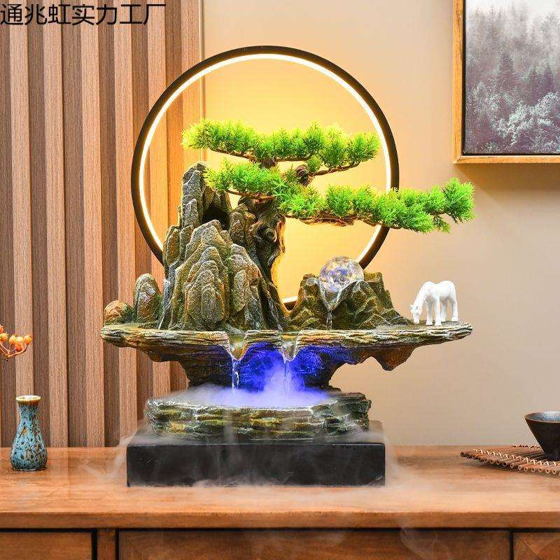 新中式假山流水喷泉办公桌风水轮招财循环山水盆景摆件高档装饰品