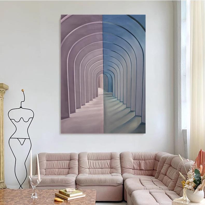 纯手绘油画玄关空间延伸感长廊客厅抽象建筑挂画轻奢高级感装饰画