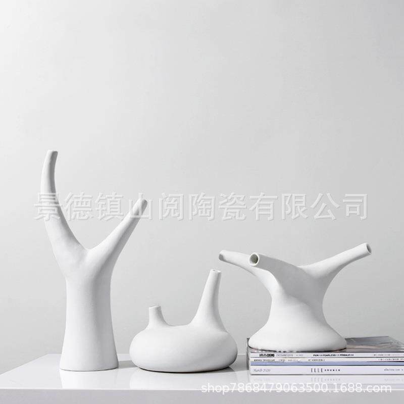 北欧花瓶小口径异形装饰品欧式风格陶瓷素烧花器客厅玄关插花摆件