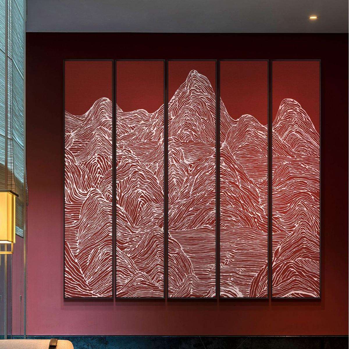 新中式客厅沙发背景装饰画《千峰竞秀》酒店餐厅浮雕肌理多联挂画