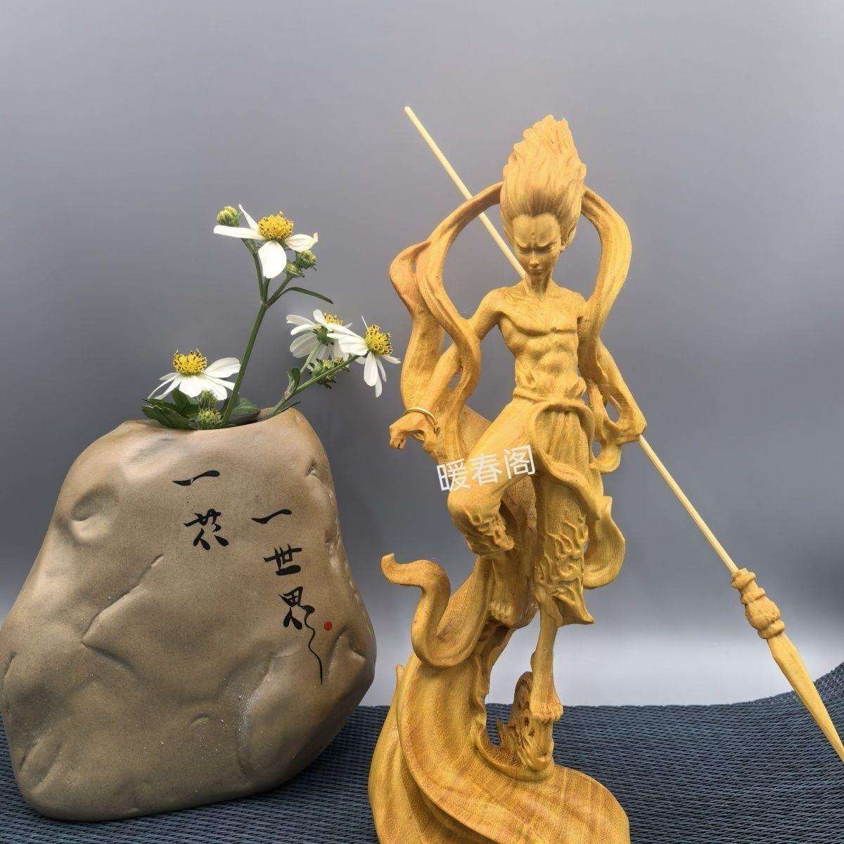 木雕哼哈二将魔童哪吒人物太行崖柏门神雕刻车载摆件家居送礼饰品