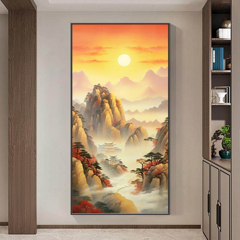 风景玄关竖版道过画走廊客厅壁画日出挂画靠山金山泰山日照山水图