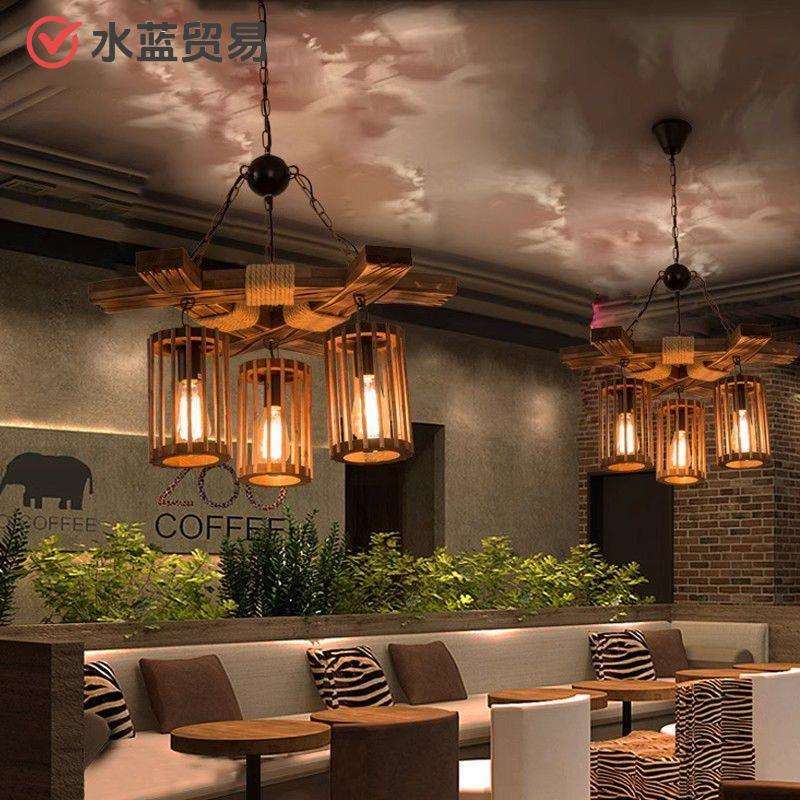 复古实木吊灯创意个性理发店美发店铺复古怀旧餐厅清吧工业风灯具