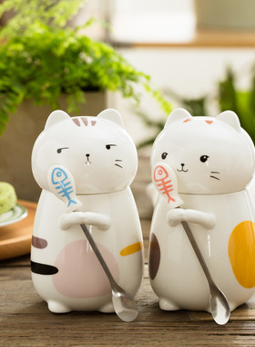 猫咪陶瓷杯带勺可爱卡通马克杯创意水杯子情侣个性礼物牛奶咖啡杯