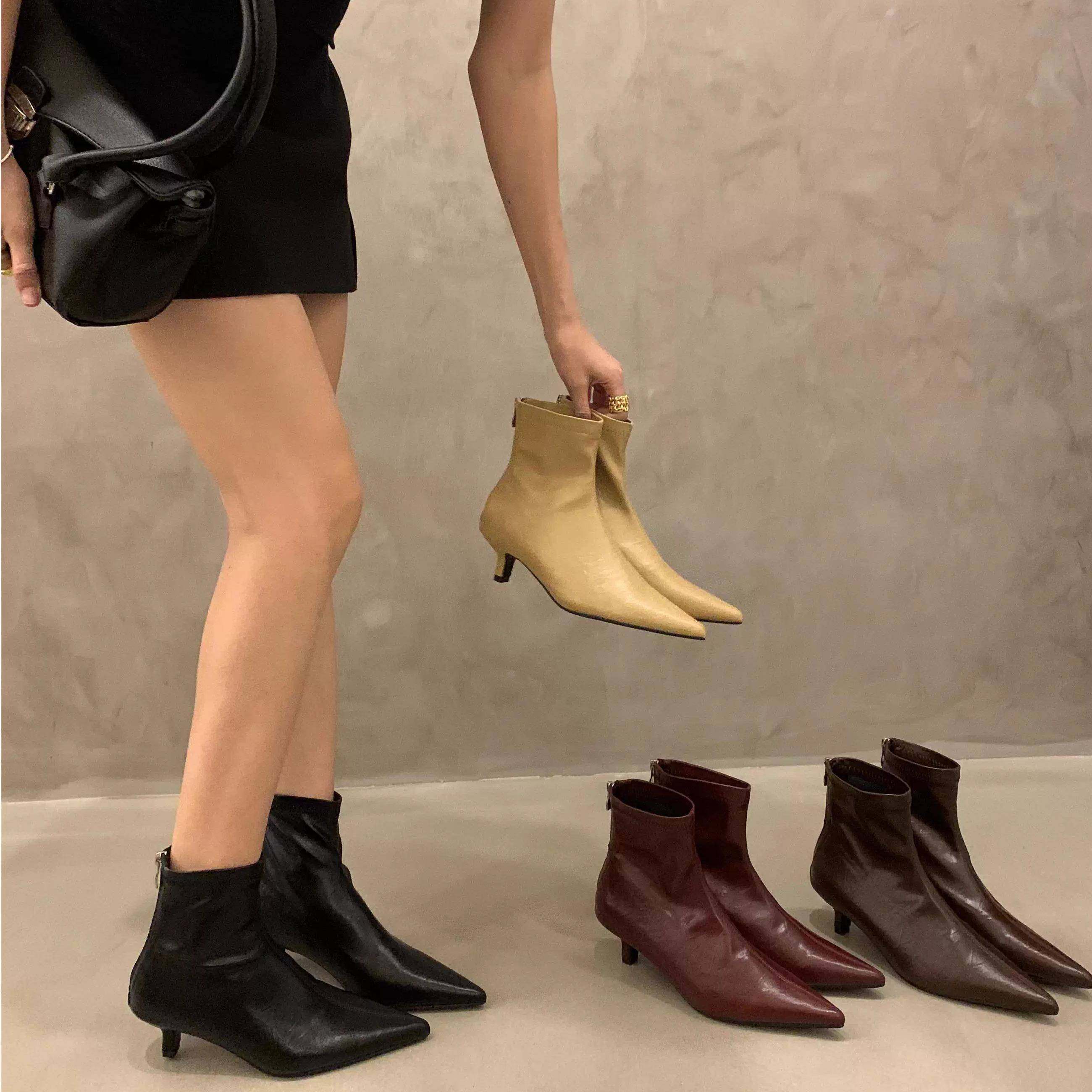 香港尖头细跟短靴女2025冬季新款女靴子马丁靴短筒靴高跟鞋瘦瘦靴