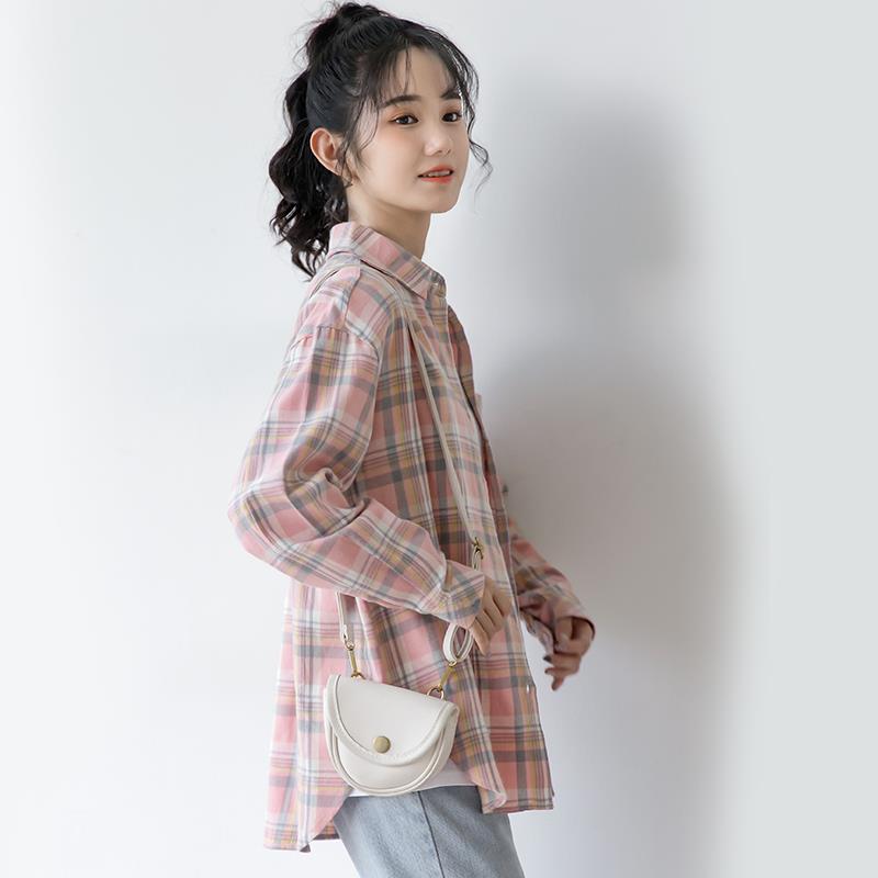 韩国2024新款粉色格子长袖衬衫女春秋慵懒宽松中长款衬衣休闲上衣