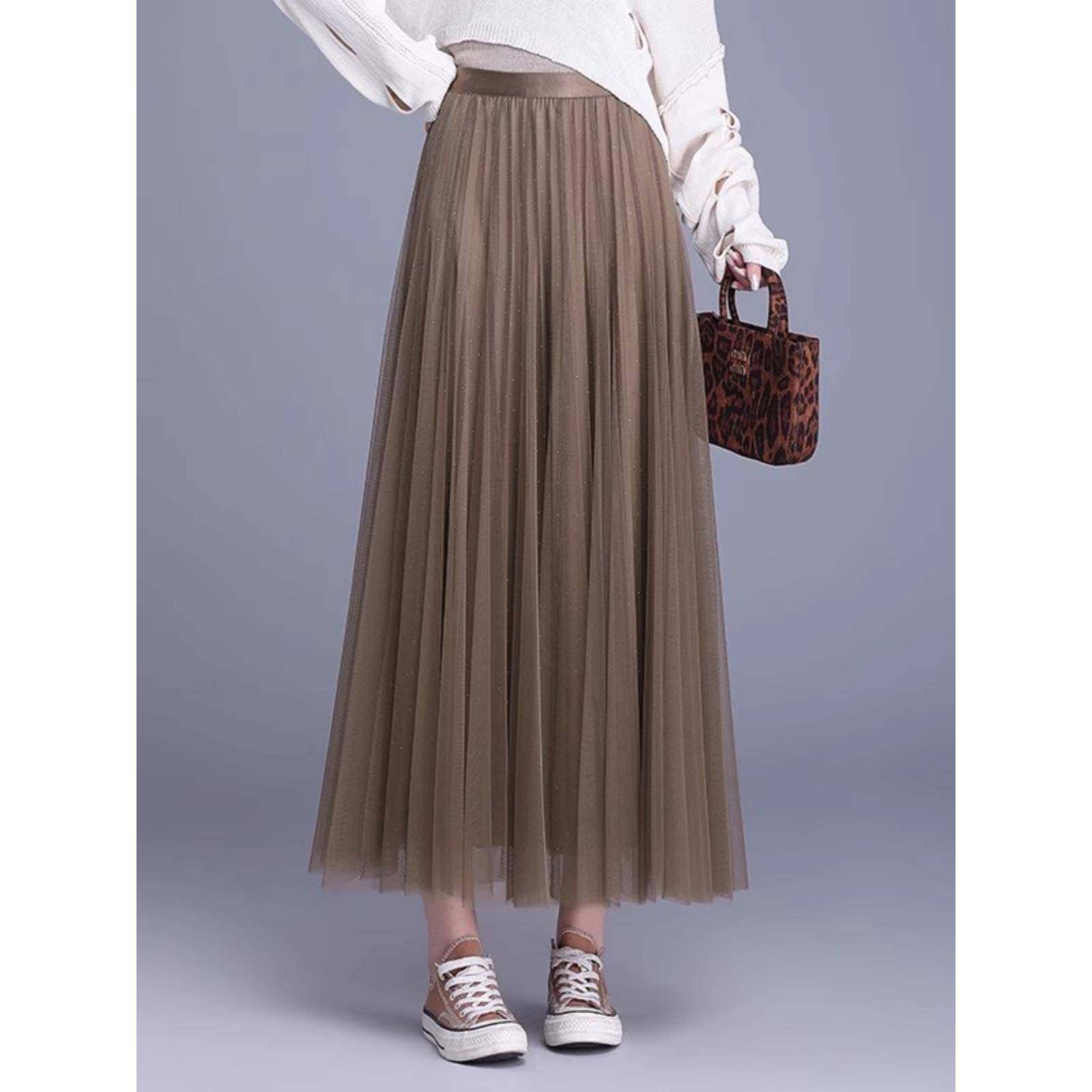 卡其色纱裙2025春季新款网纱半身长裙两面穿A字百褶裙大摆仙女裙