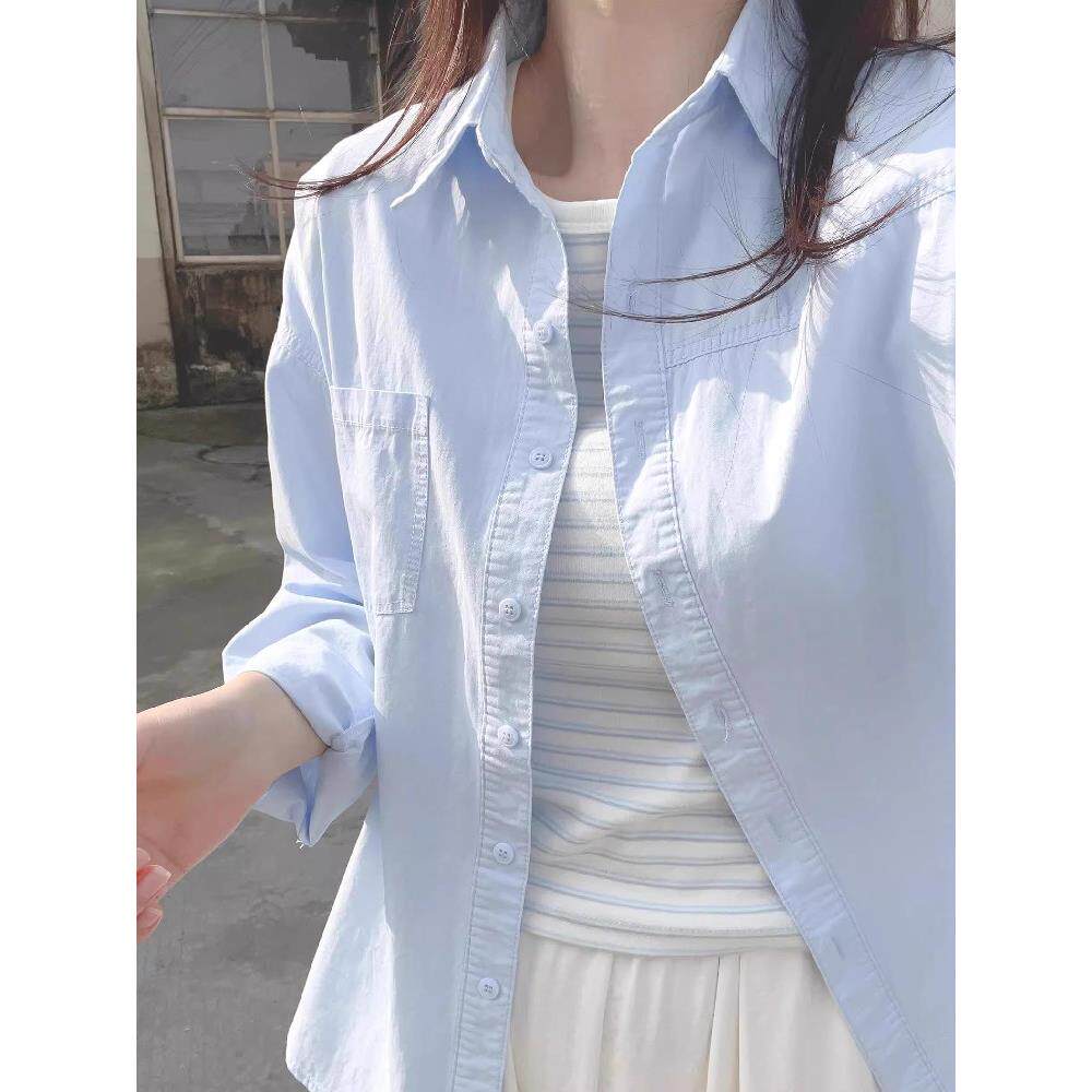 蓝色长袖衬衫女春秋2025年新款宽松慵懒风衬衣设计感小众防晒外套