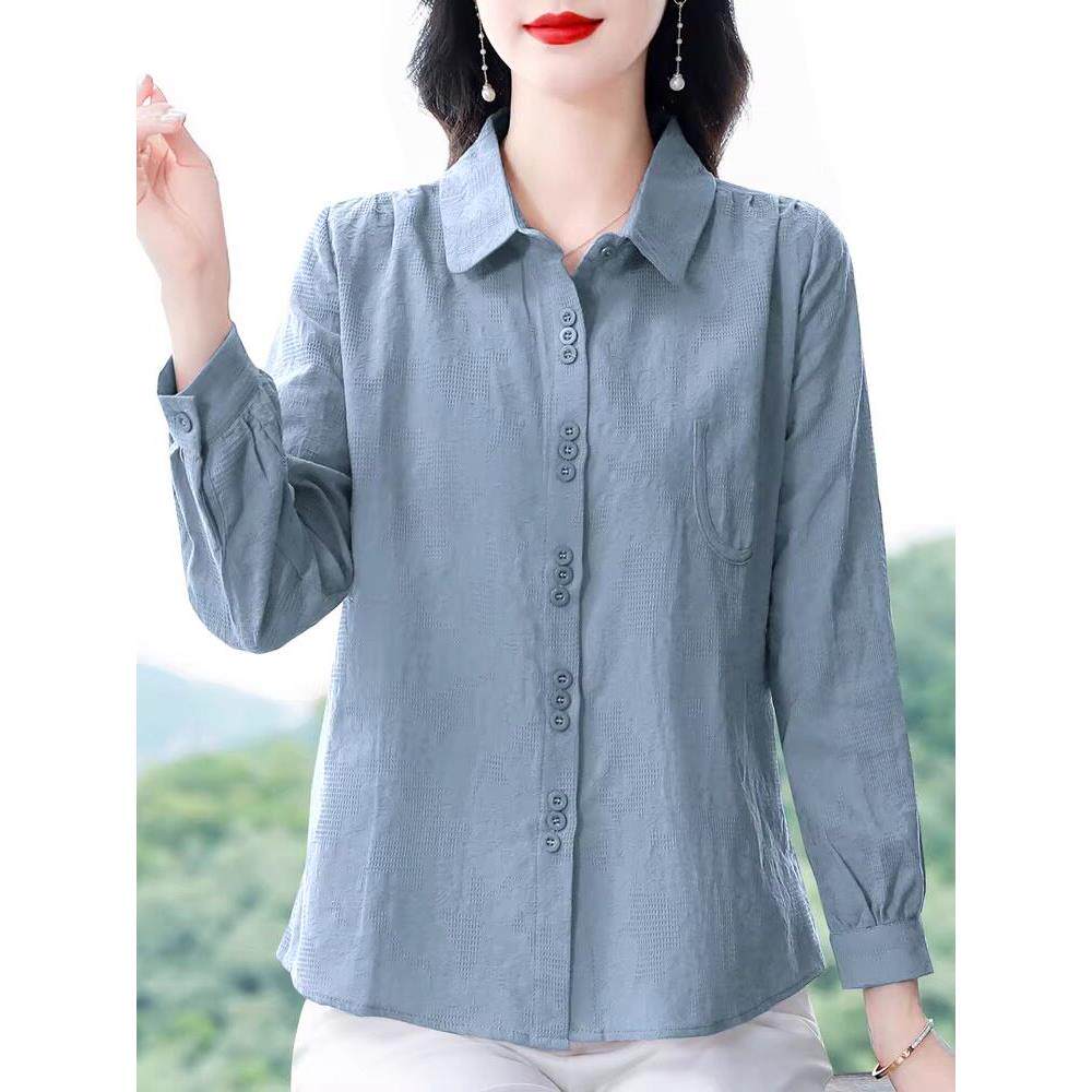 高端提花长袖棉麻衬衫女士中年妈妈春装时尚大码亚麻上衣洋气衬衣