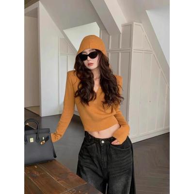 2024春秋新款连帽针织衫女短款休闲小个子松弛内搭韩系纯色帽衫