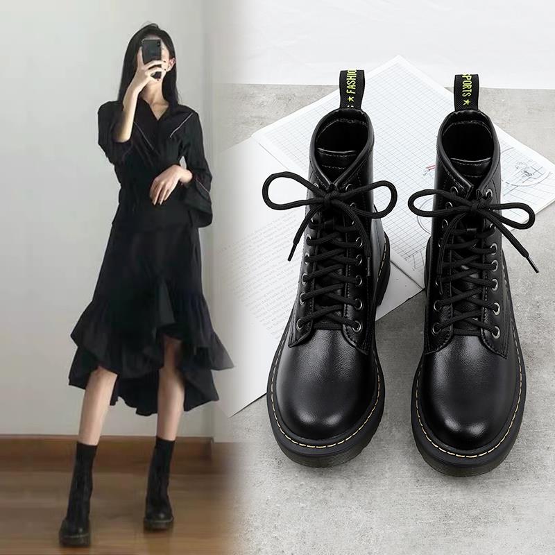 潮牌网红马丁靴女英伦风2024年新款春秋单靴黑色系带百搭真皮短靴