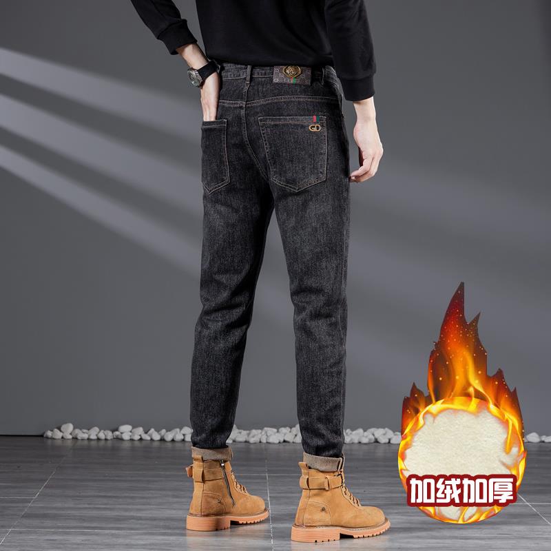 欧货高端黑灰色牛仔裤男秋冬新款修身小脚弹力加绒加厚刺绣印花潮