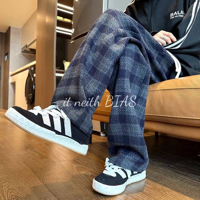 it neith BIAS格子裤子男美式复古直筒春秋潮流大码阔腿重磅休闲