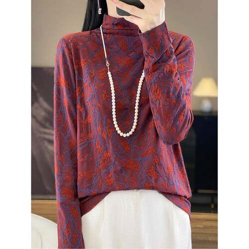 26春季款半高领提花精纺羊毛针织衫女复古洋气百搭显瘦长袖打底衫