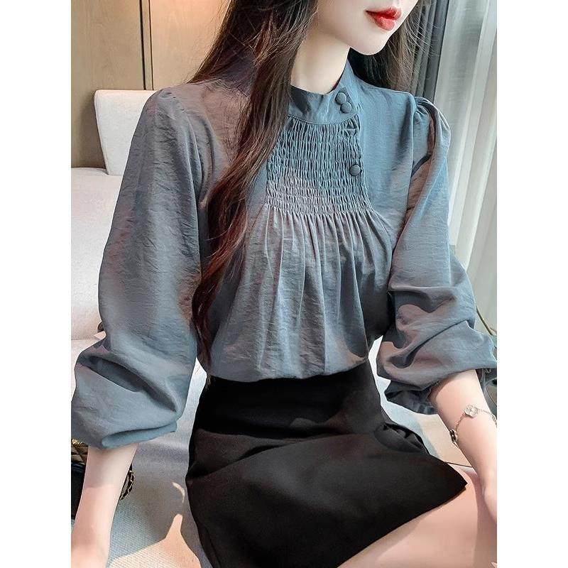 香港TIMO秋季立领褶皱长袖衬衫女早秋高级设计感内搭上衣洋气小衫