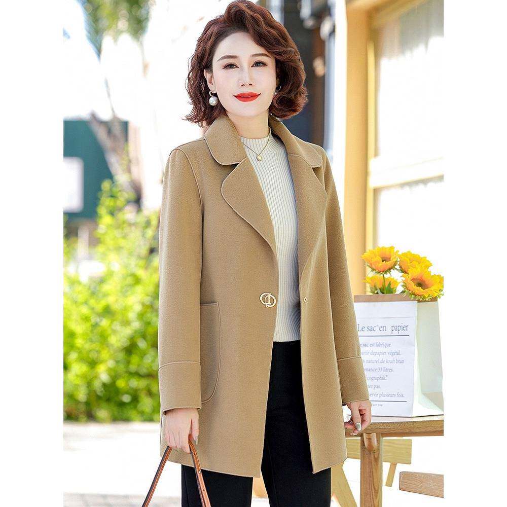 洋气双面呢大衣女春秋季中年妈妈装外套中长款气质毛呢中老年女装