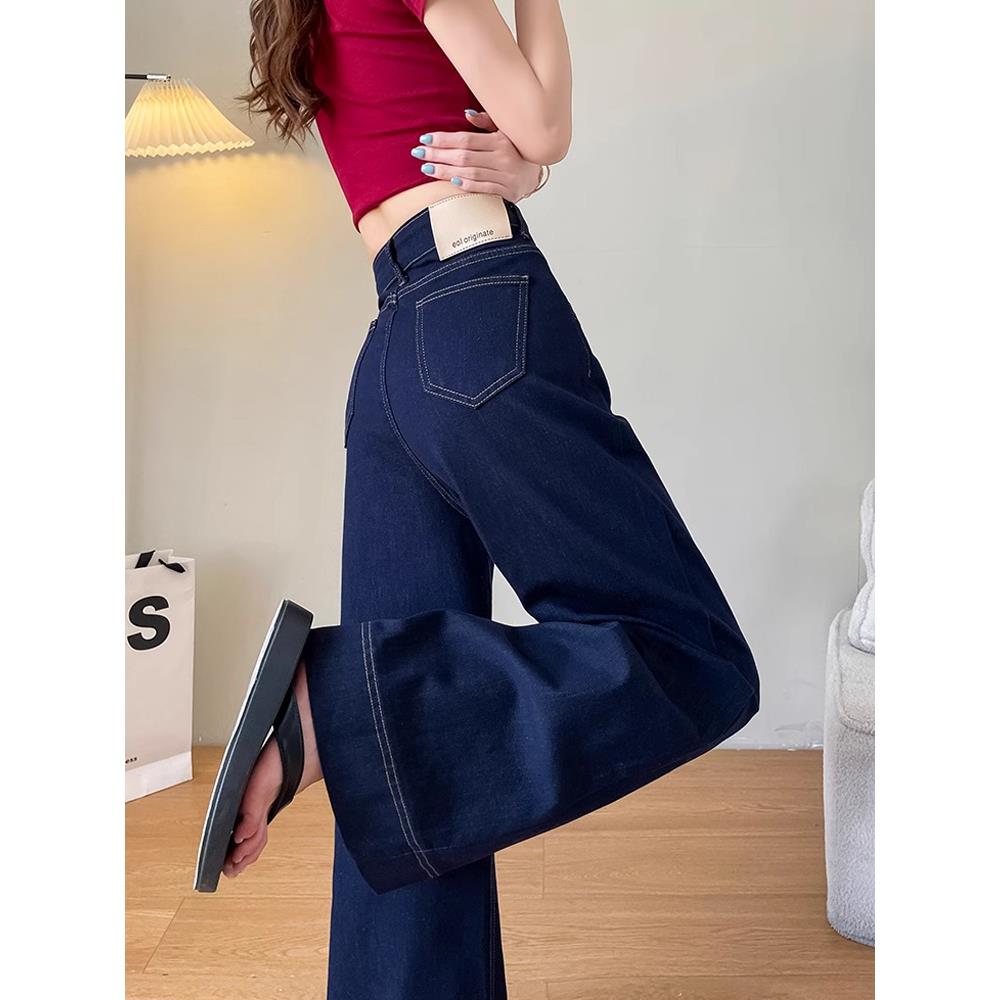 牛仔蓝色宽腿牛仔裤女士春秋季服装2025新天鹅绒加厚褶皱窄直腿拖