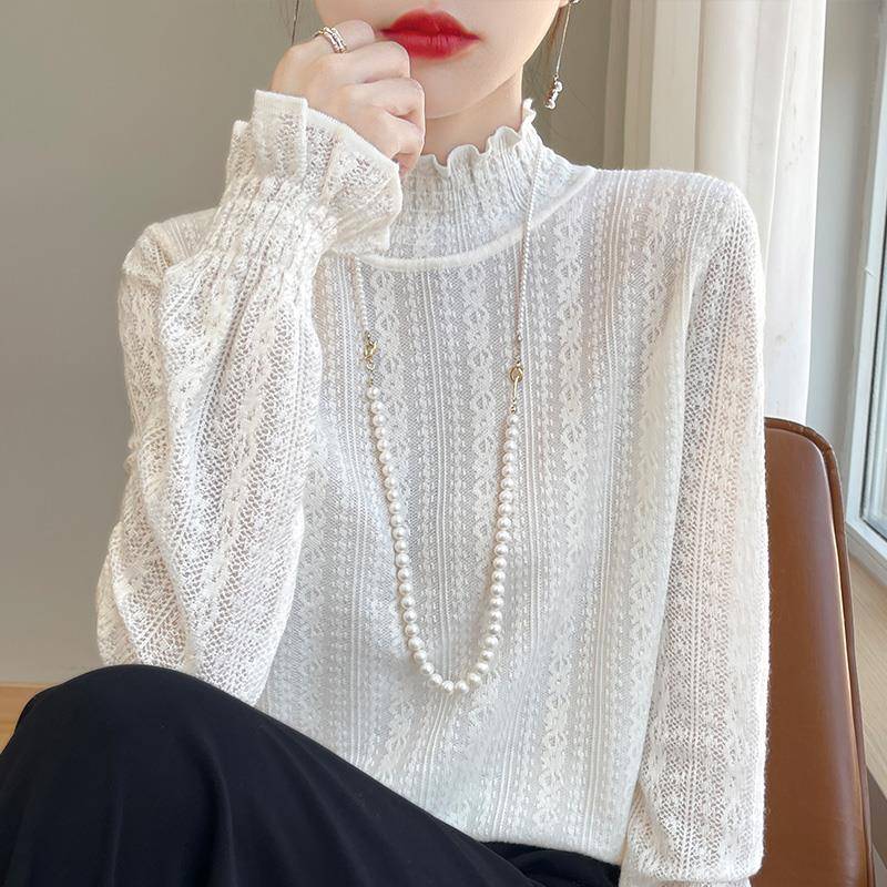 欧洲站半高领蕾丝打底衫女2025新款春秋冬高级感轻奢小香风上衣潮