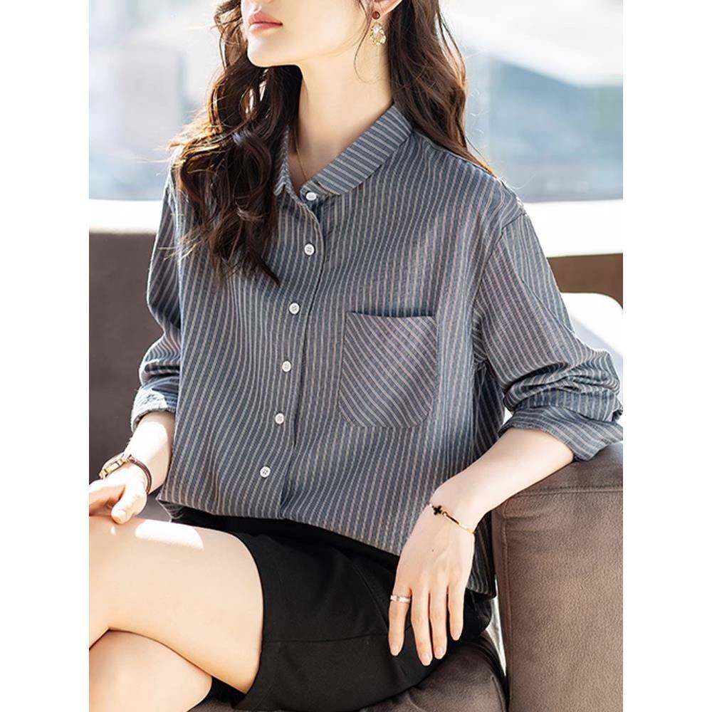 港风覆古宽松条纹衬衫女长袖2025秋季新款高级感时尚大码休闲上衣