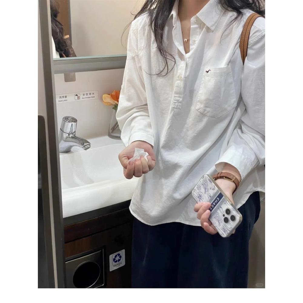 韩国白色POLO领半开襟纽扣衬衫女春秋慵懒风松弛感衬衣设计感上衣