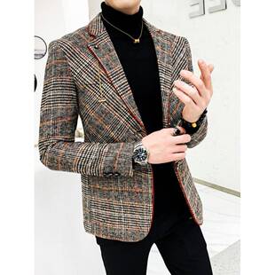 休闲毛呢西装外套男春季韩版修身潮流覆古小西服短款帅气格子男装