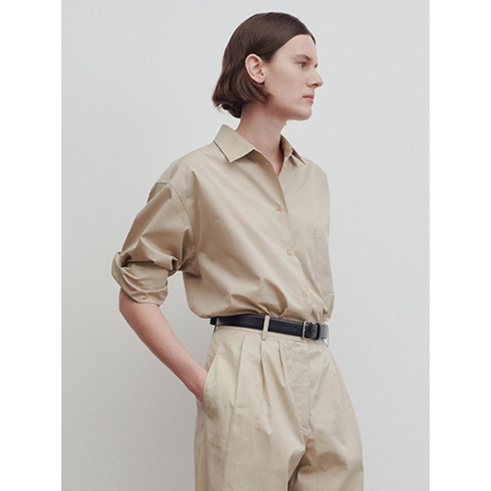 Th~Row衬衫女2024春秋季宽松极简通勤长袖小翻领精梳洗水纯棉衬衣