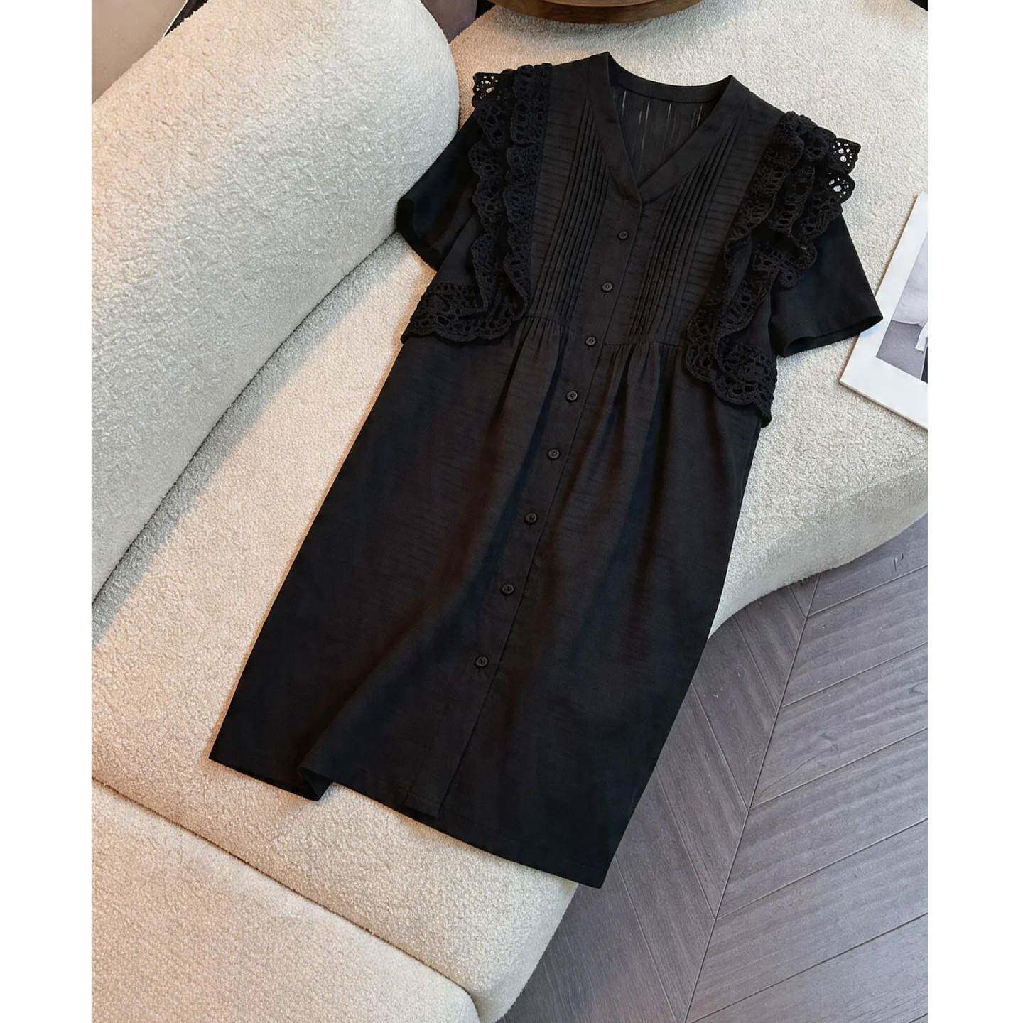 韩版大尺码女装蕾丝拼接荷叶袖V领洋装夏新款显瘦遮肉小个子长裙