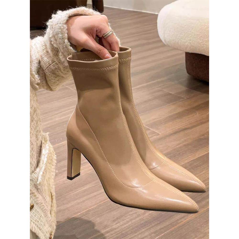 香港2023夏季新款短筒中跟厚跟后拉炼时尚高跟短靴