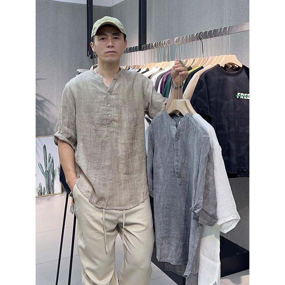 纯亚麻短袖衬衫男士2025年夏季薄款新中式宽松休闲V领五分袖衬衣