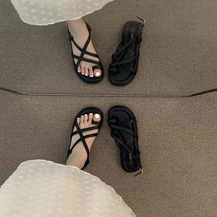 版型绝瞭~ITSK凉鞋女夏季平底复古细带配裙子法式小众绑带罗马鞋