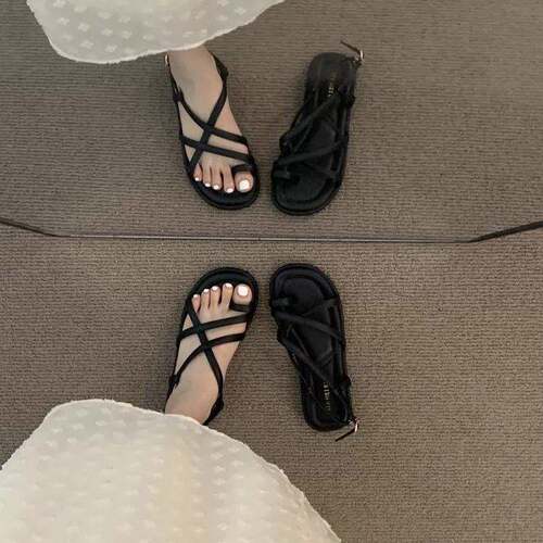 版型绝瞭~ITSK凉鞋女夏季平底复古细带配裙子法式小众绑带罗马鞋