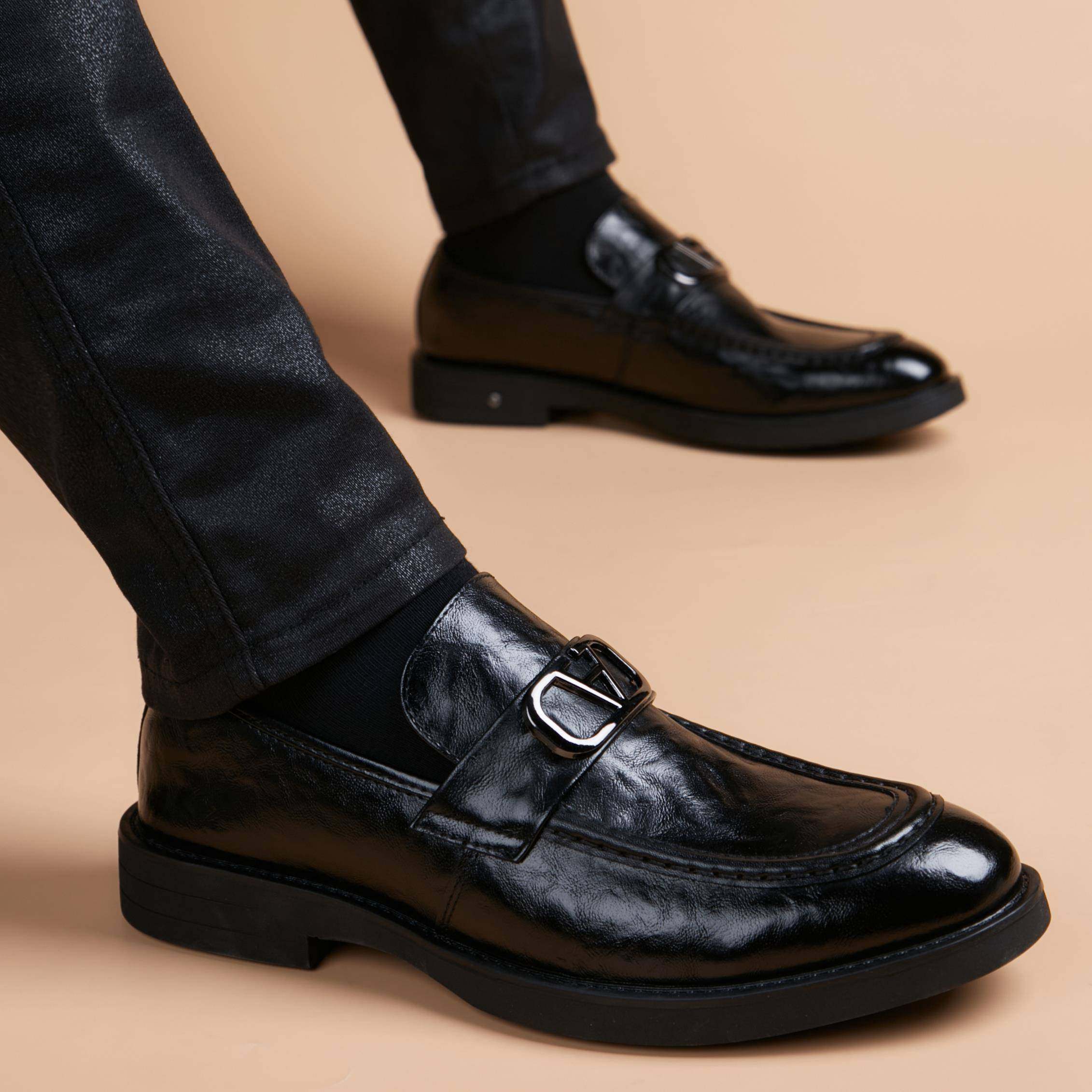 高端新款真皮皮鞋男士一脚蹬商务休闲 懒人套脚乐福鞋内增高英伦