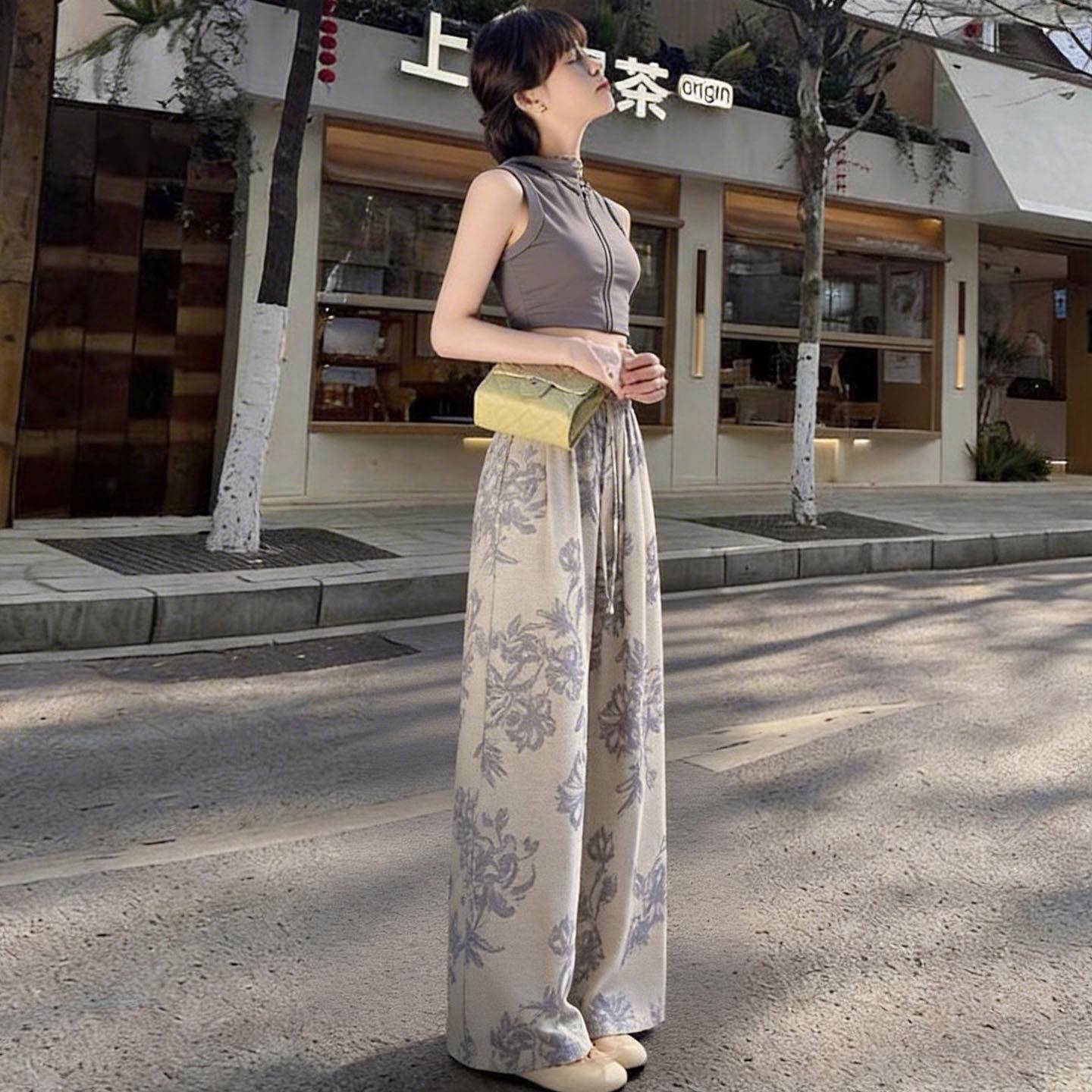 印花冰丝棉麻裤子女夏薄款2026新款宽松慵懒风高腰亚麻直筒山本裤