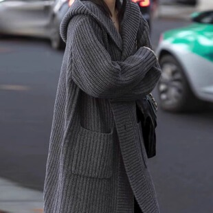 2026秋冬新款韩版羊绒针织开衫女宽松慵懒风中长款连帽羊毛外套女