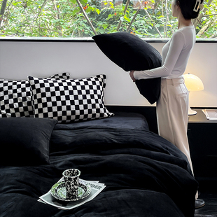 冬季ins简约复古加厚珊瑚绒纯黑色男士牛奶绒男生床单被套四件套