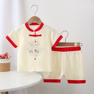 婴儿夏季分体套装纯棉无骨男女宝宝汉服儿童礼服新中式盘扣短袖衣